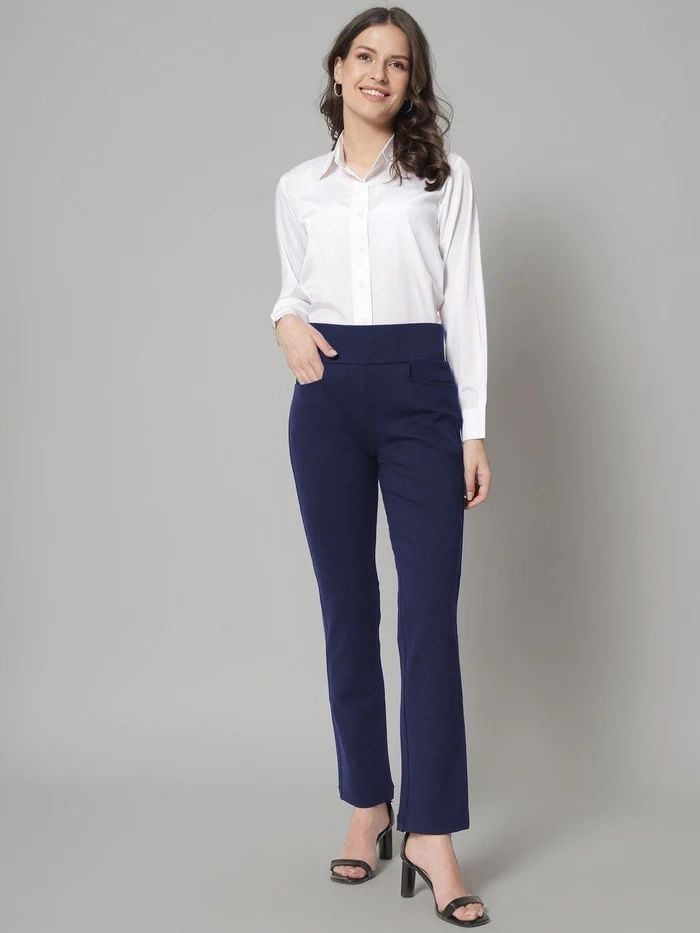 High-waisted Navy Trousers with a Crisp White Shirt and Straight Leg — Simple Navy Pants Outfits