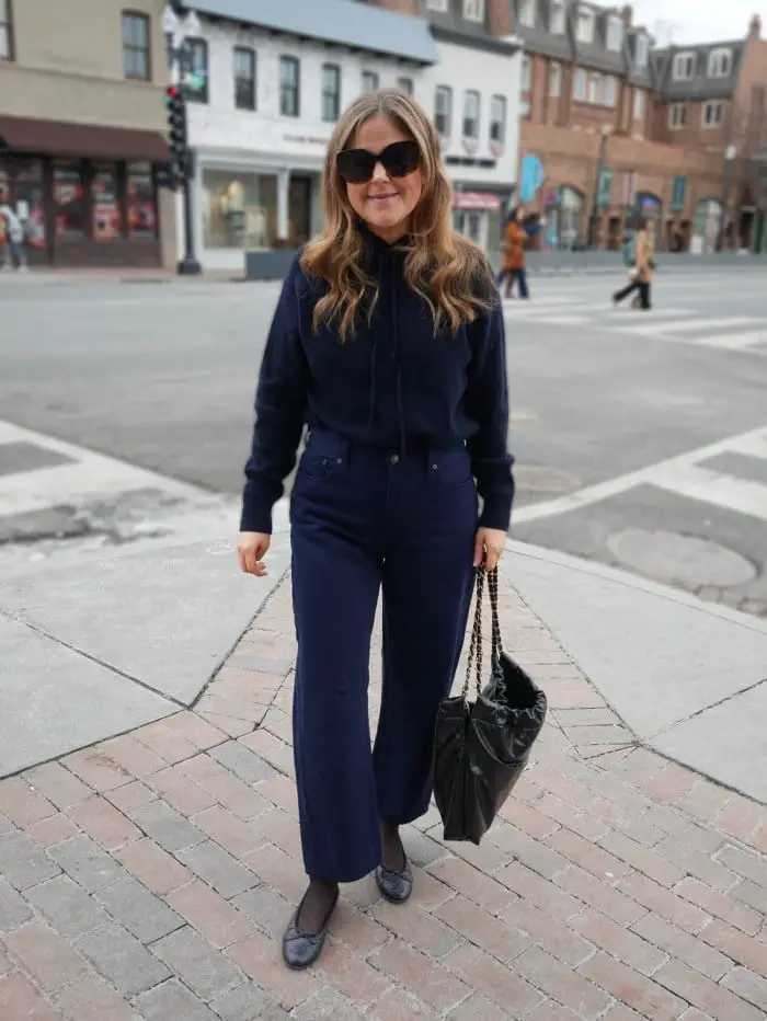 Navy Wide-Leg Trousers with a Knit Hoodie — Simple Navy Pants Outfits