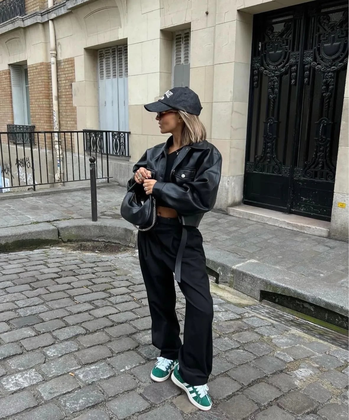 Black Leather Jacket Over Crop Top with Green Sneakers — Simple Negros Outfits