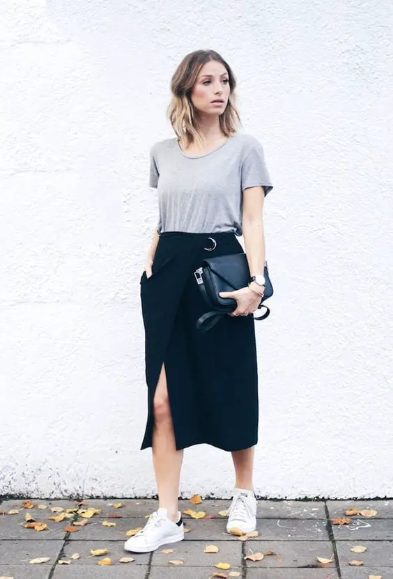 Gray T-Shirt with Black Asymmetrical Wrap Skirt and White Sneakers — Simple Negros Outfits