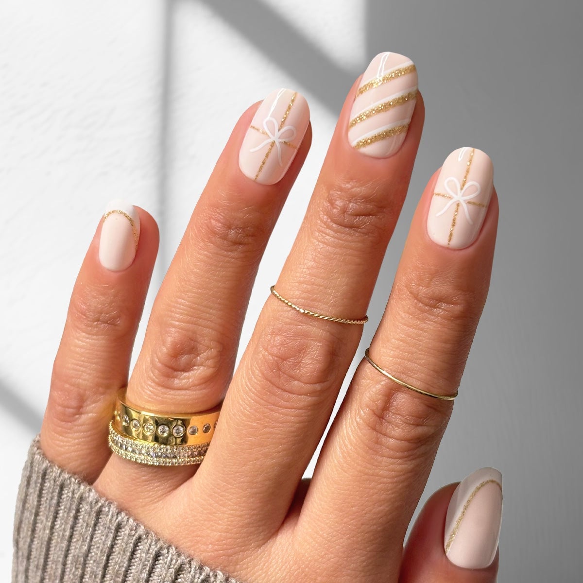 Sheer Nude Soft Square with Gold Stripes and Bows Sheer Nude Soft Square with Gold Stripes and Bows — Simple Neutral Nails