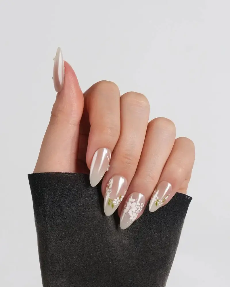 Milky White Pearlescent Almond Floral Milky White Pearlescent Almond Floral — Simple Neutral Nails