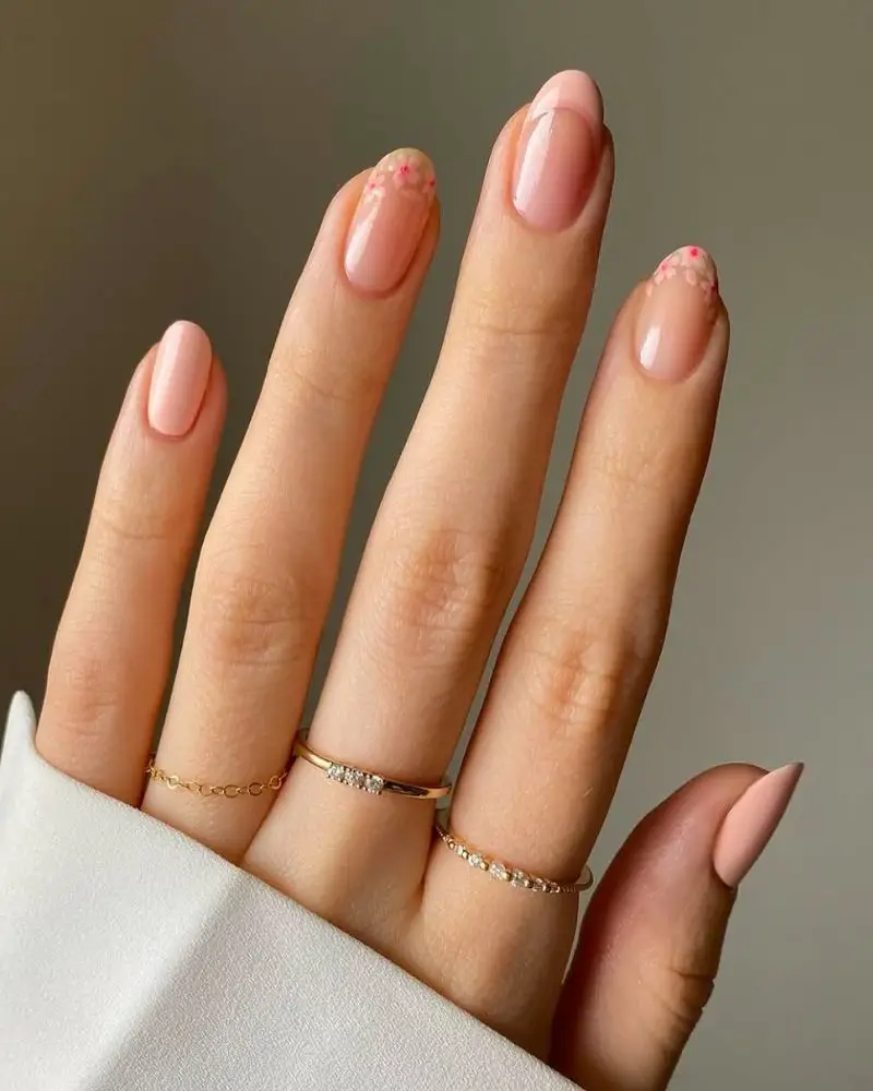 Nude Almond with Pink Floral Tips Nude Almond with Pink Floral Tips — Simple Neutral Nails