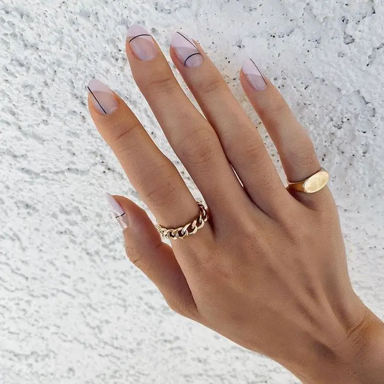Sheer Pink Almond Black Line Art Sheer Pink Almond Black Line Art — Simple Neutral Nails