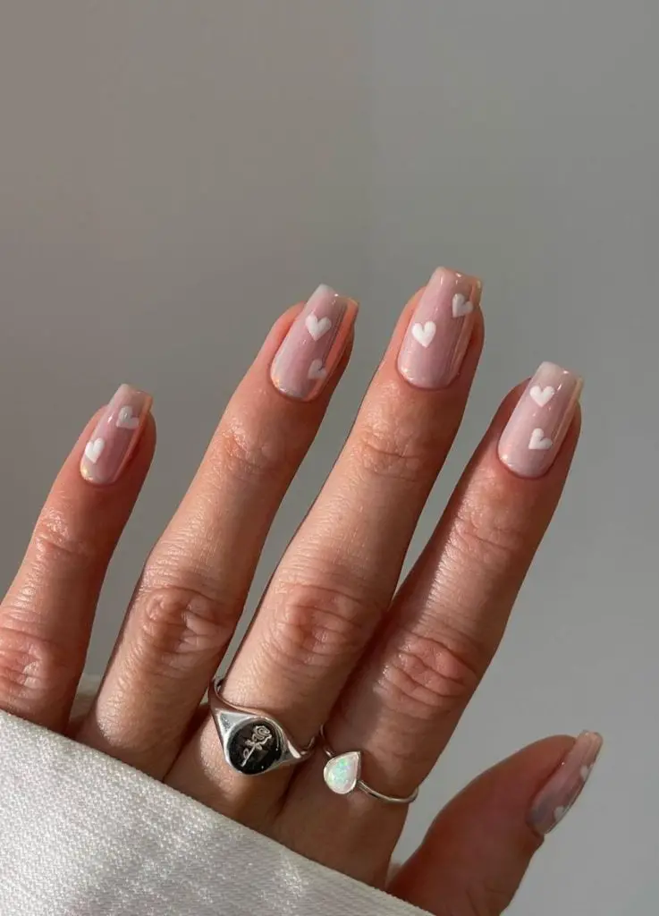Milky Pink Soft Square White Hearts Milky Pink Soft Square White Hearts — Simple Neutral Nails