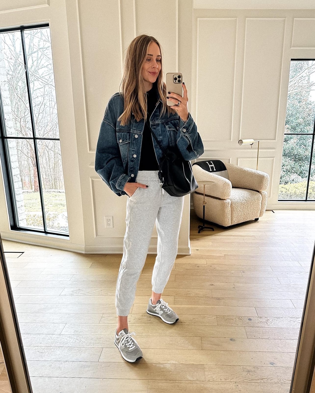 Denim Jacket Over Turtleneck with Gray Sweatpants — Simple New Balance Outfits