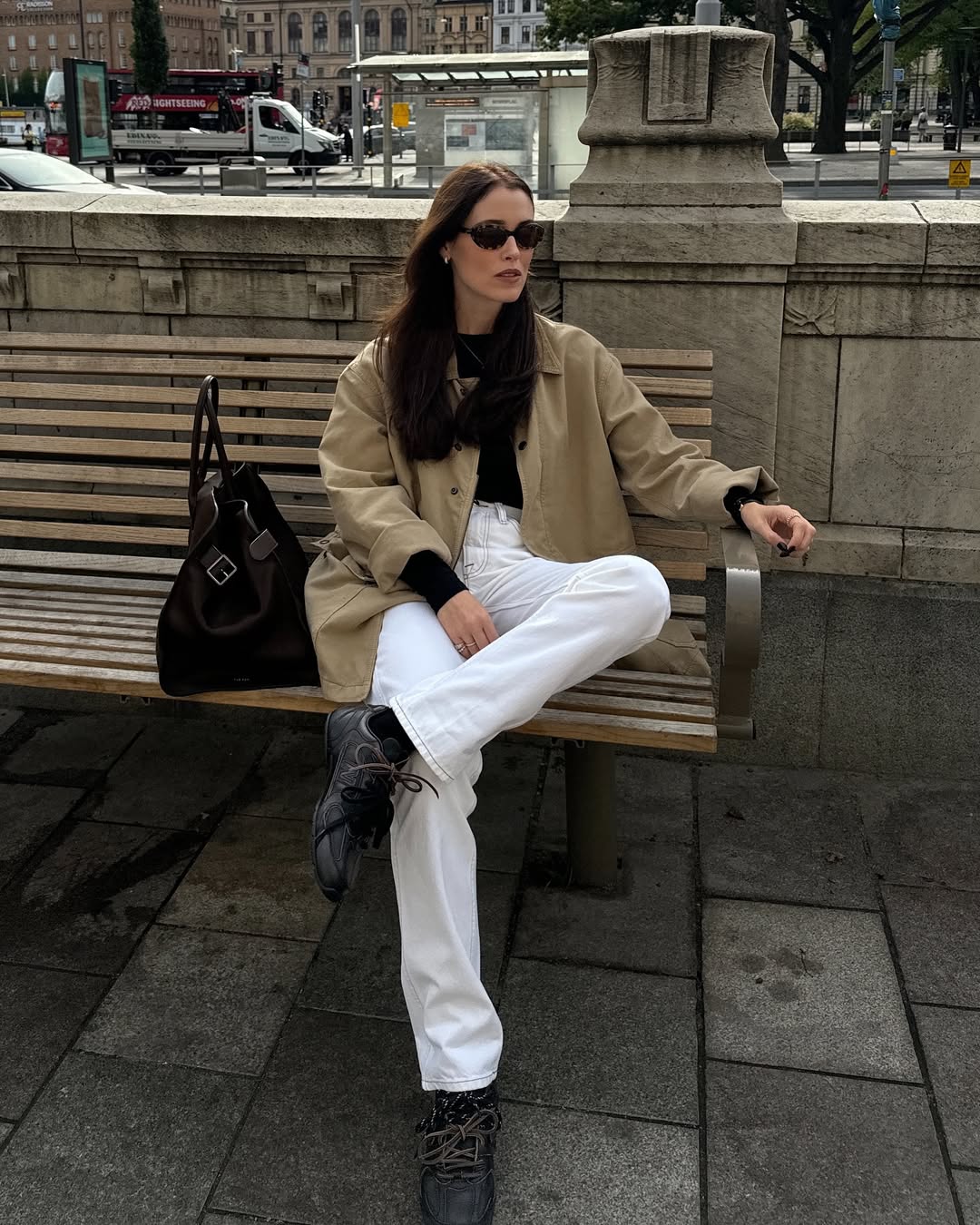 Oversized Tan Jacket with White Wide-Leg Jeans, Cotton — Simple New Balance Outfits
