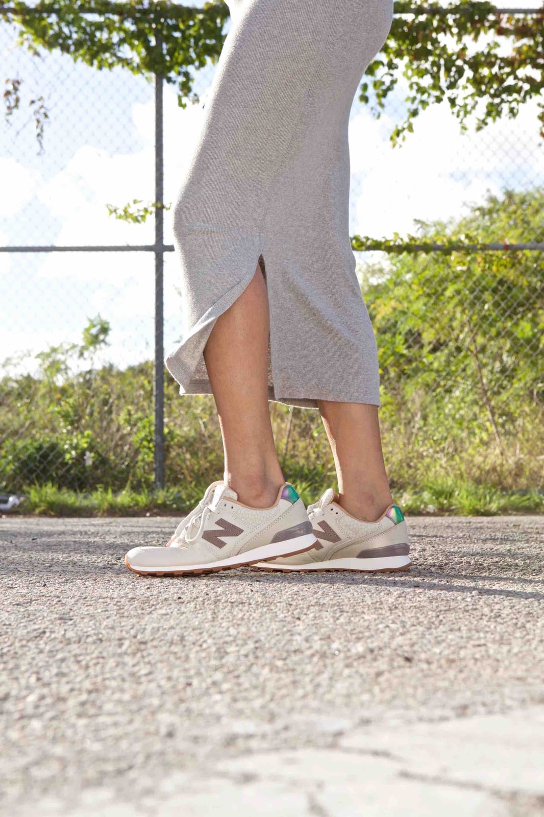 Ribbed Midi Dress with Cream and Beige Sneakers — Simple New Balance Outfits