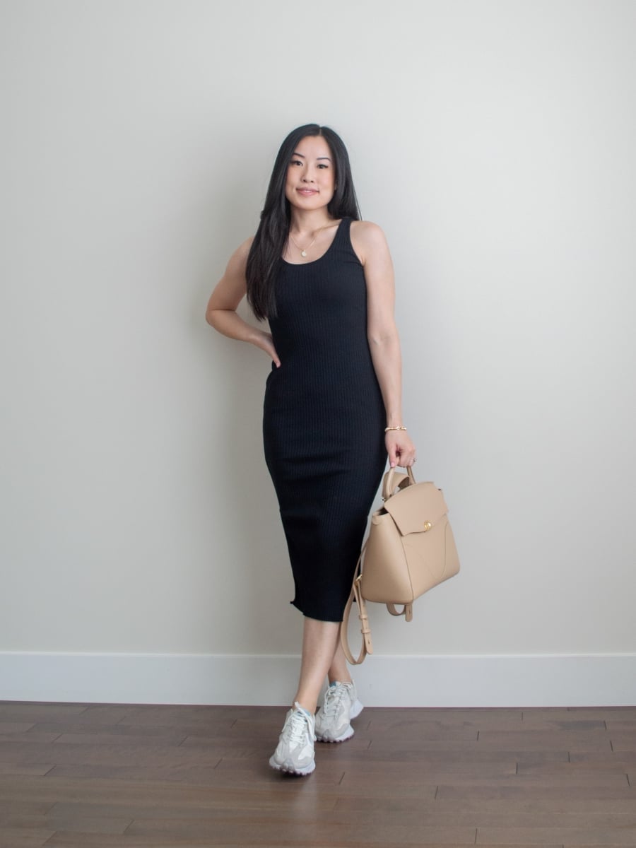 Fitted Black Midi Dress with Gray and White Sneakers — Simple New Balance Outfits