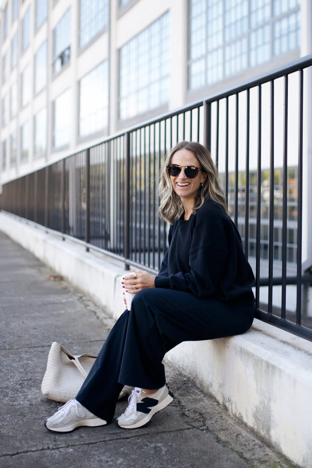 Black Crewneck Sweatshirt and Wide-Leg Trousers Outfit — Simple New Balance Outfits