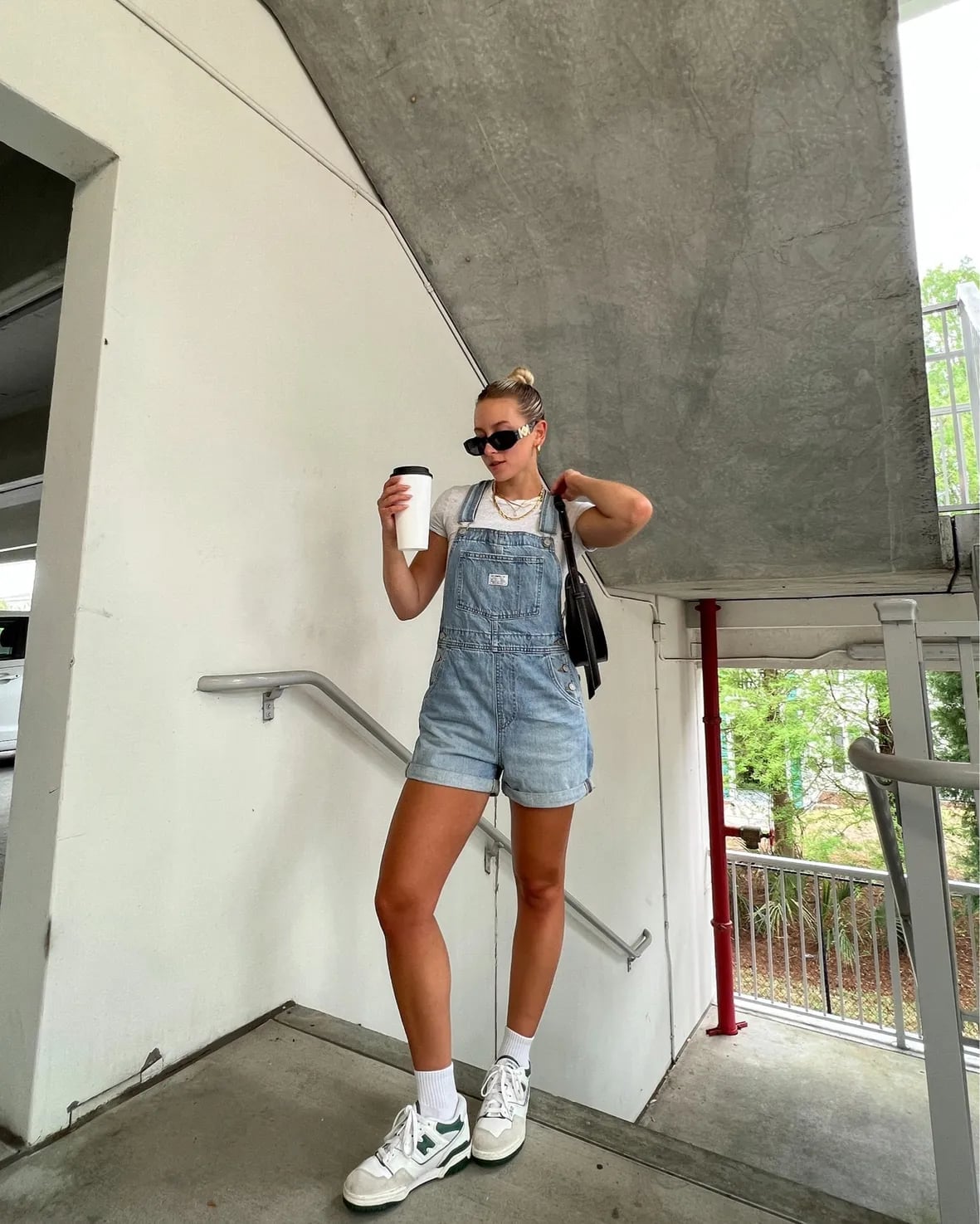Denim Short Overalls with White T-shirt and Sneakers — Simple New Balance Outfits