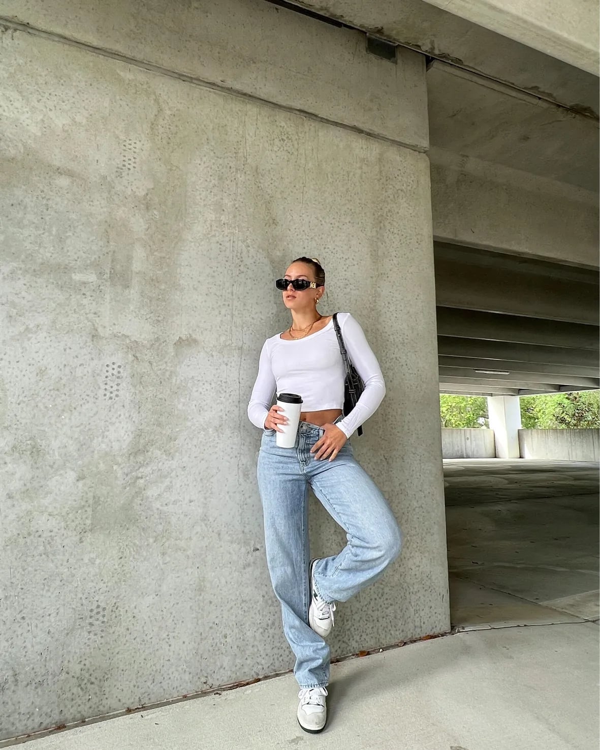 White Crop Top and Baggy Light Blue Jeans — Simple New Balance Outfits