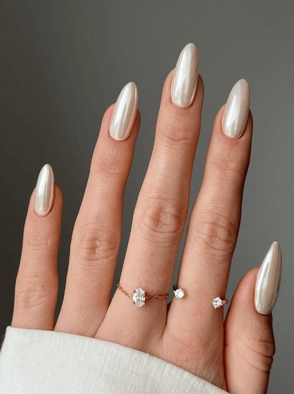 Medium Almond Milky Nude Chrome Nails — Simple Nude Chrome Nails
