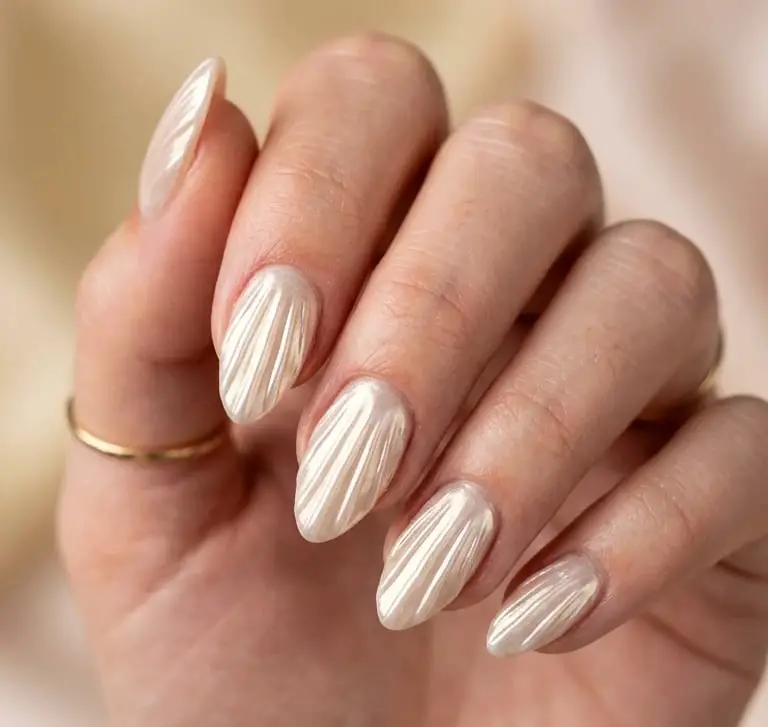 Medium Almond Creamy Nude Pearlescent Chrome — Simple Nude Chrome Nails