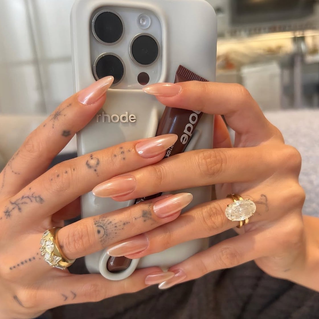 Medium Almond Sheer Nude Subtle Pearlescent, Office-Safe Version — Simple Nude Chrome Nails