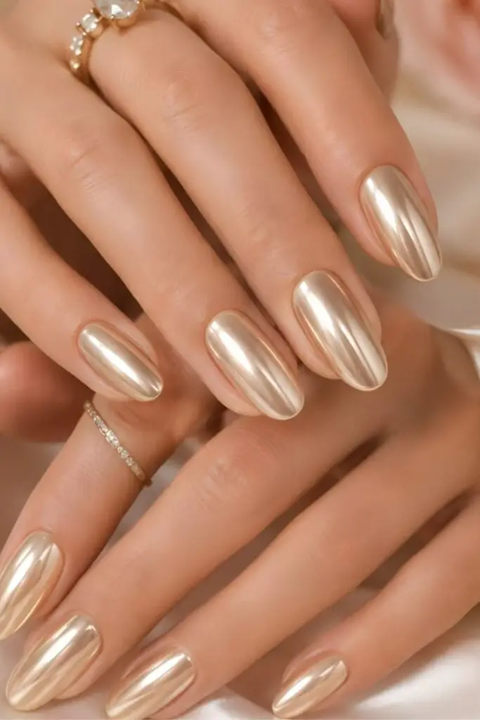 Medium Almond Pale Gold High-Shine Chrome — Simple Nude Chrome Nails