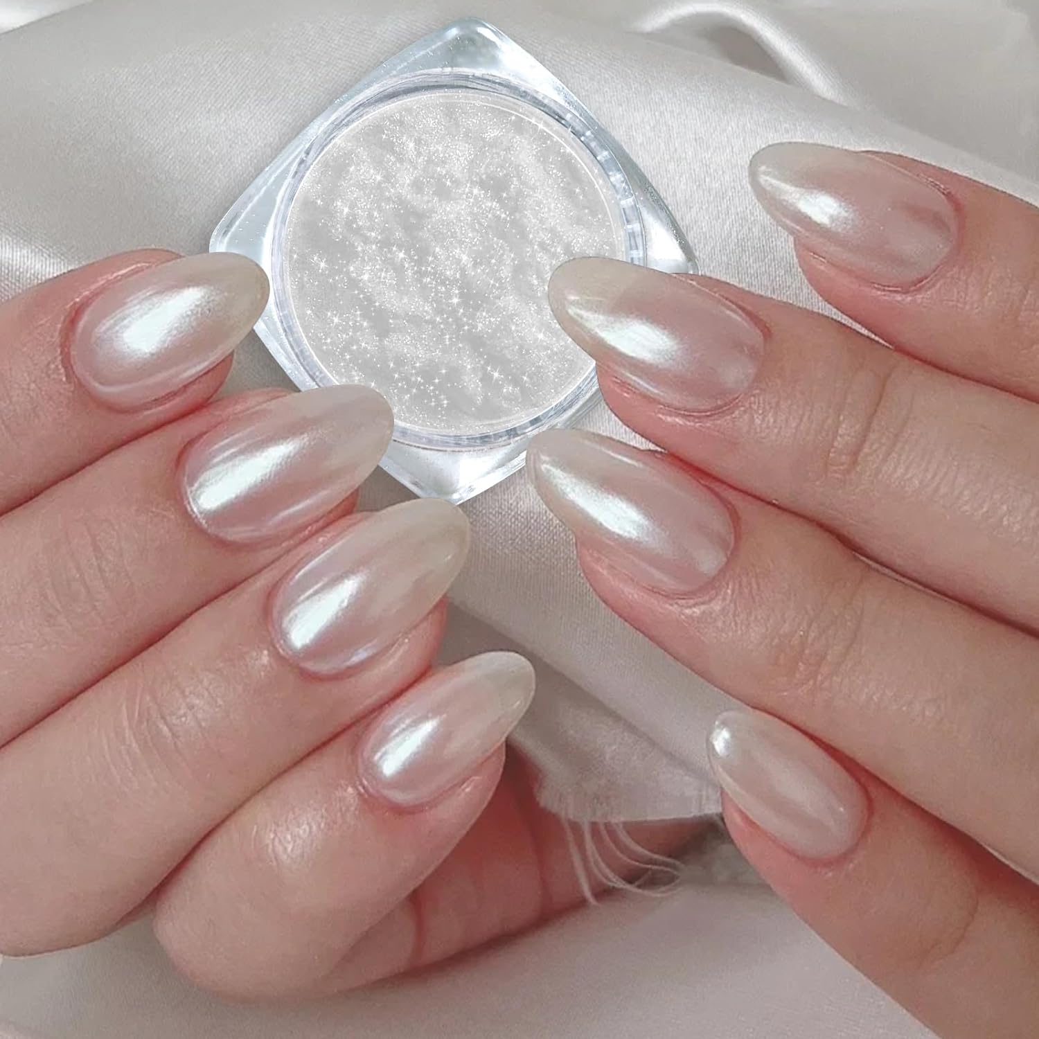 Medium Oval Milky White Iridescent Chrome Nails — Simple Nude Chrome Nails