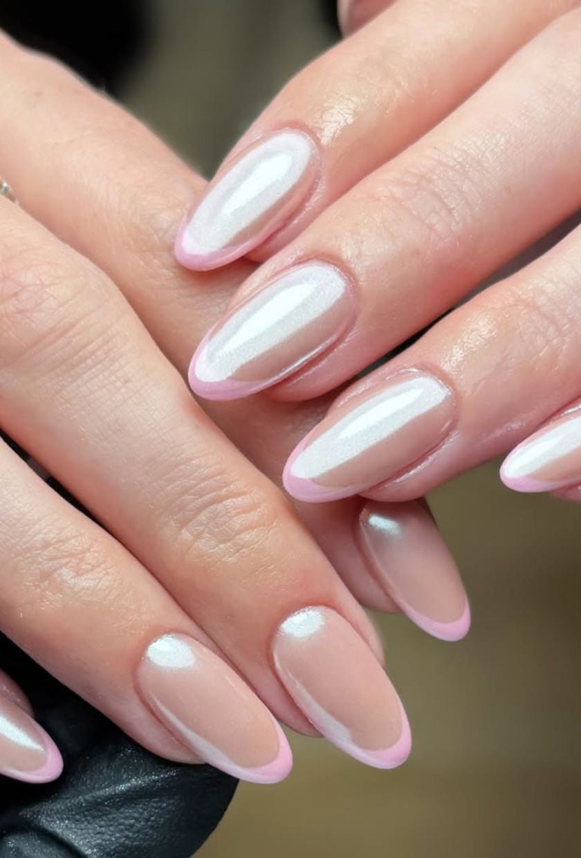 Medium Almond Nude Chrome French Tip Nails — Simple Nude Chrome Nails