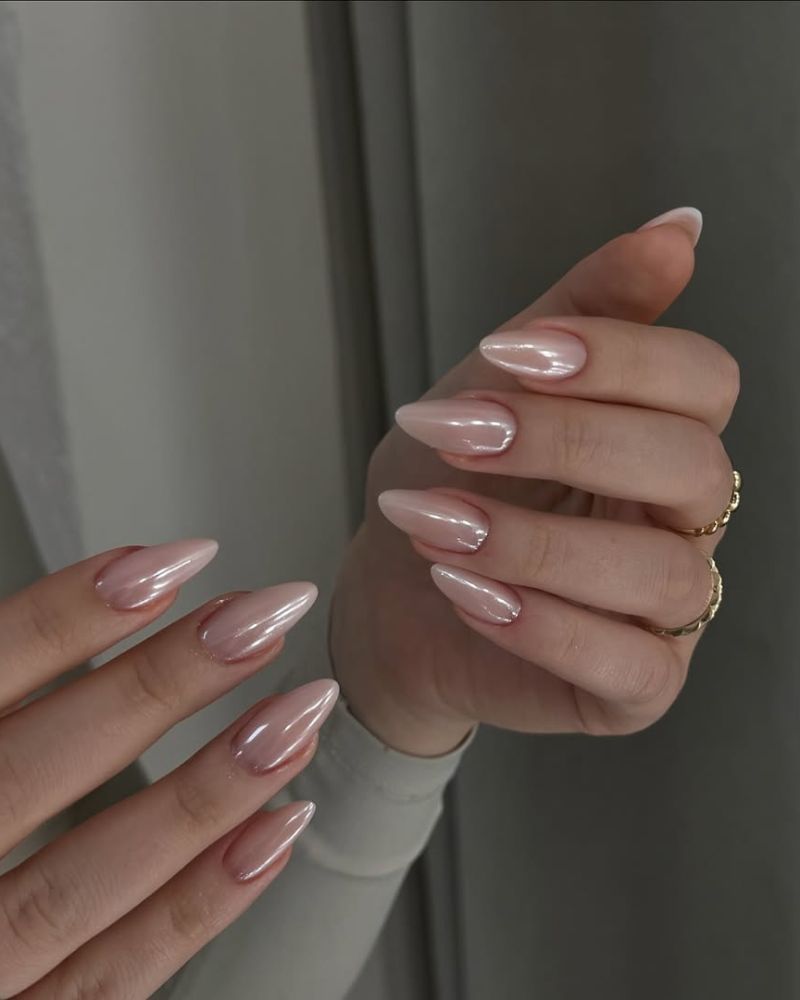 Long Almond Pale Nude Pearlescent Chrome Nails — Simple Nude Chrome Nails