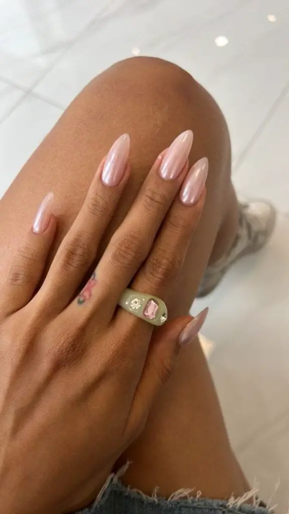 Long Sharp Almond Light Beige Nude Pearlescent Chrome — Simple Nude Chrome Nails