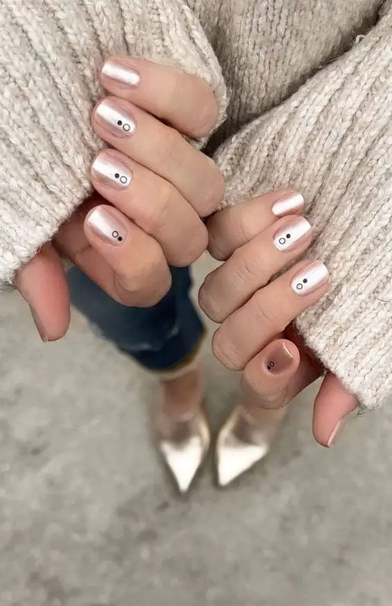 Short Almond Milky White Chrome With Black Art — Simple Nude Chrome Nails