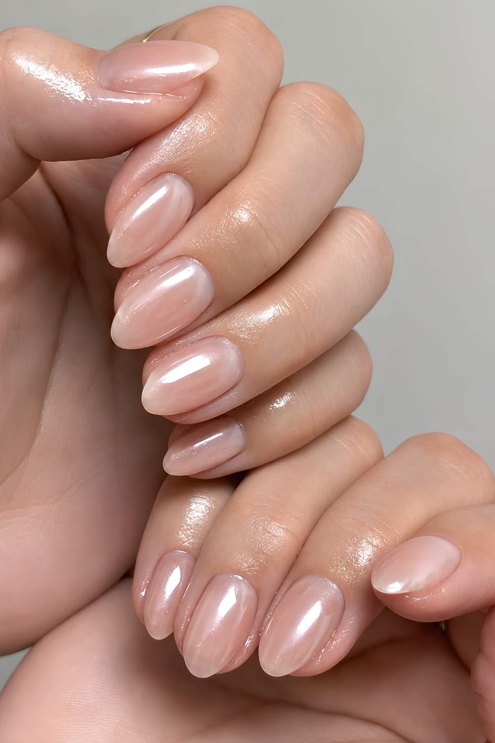 Medium Almond Nude With Pearl Chrome Finish — Simple Nude Chrome Nails