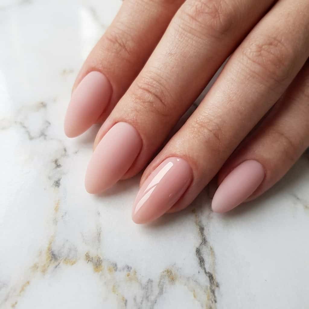 Matte Soft Pink Nude Short Almond, Close-Up Take — Simple Nude Nails