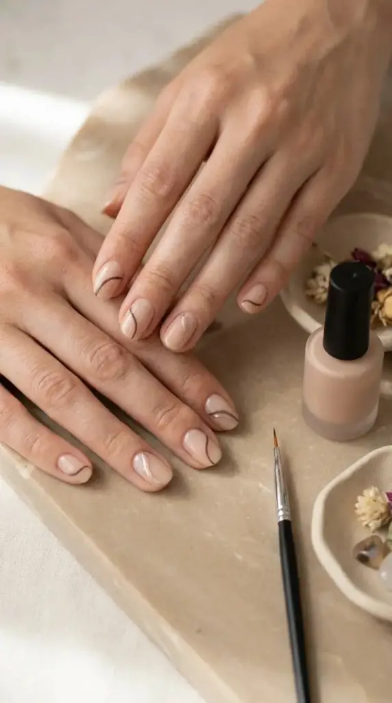 Sheer Nude Short Square with Lines — Simple Nude Nails