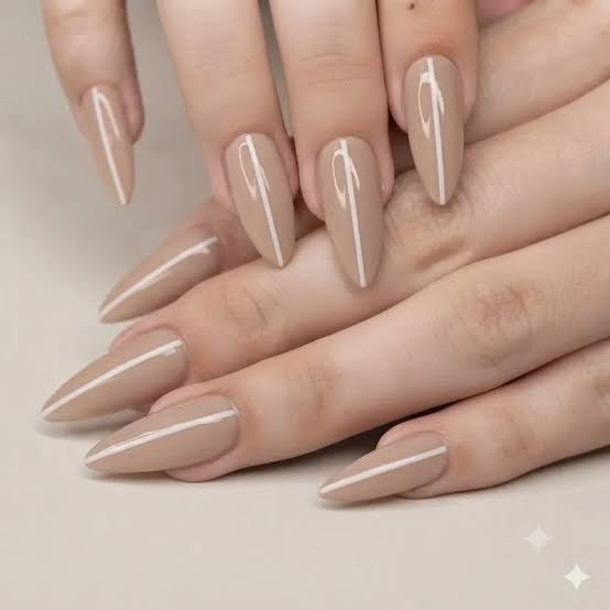 Neutral Beige Long Stiletto with Line — Simple Nude Nails