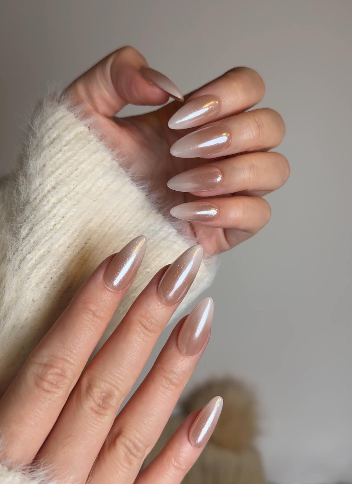 Nude to Beige Chrome Ombre Long Almond — Simple Nude Nails