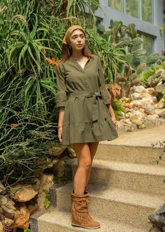 Olive Green Linen Dress with Fringed Boots — Simple Olive Green Outfits