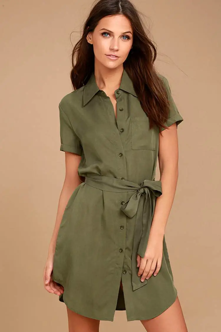 Olive Green Short-Sleeve Shirt Dress with Waist Tie — Simple Olive Green Outfits