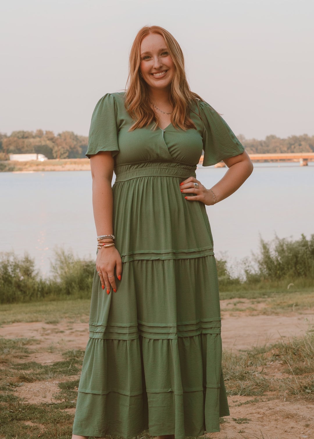 Olive Green Tiered Maxi Dress with Flutter Sleeves — Simple Olive Green Outfits