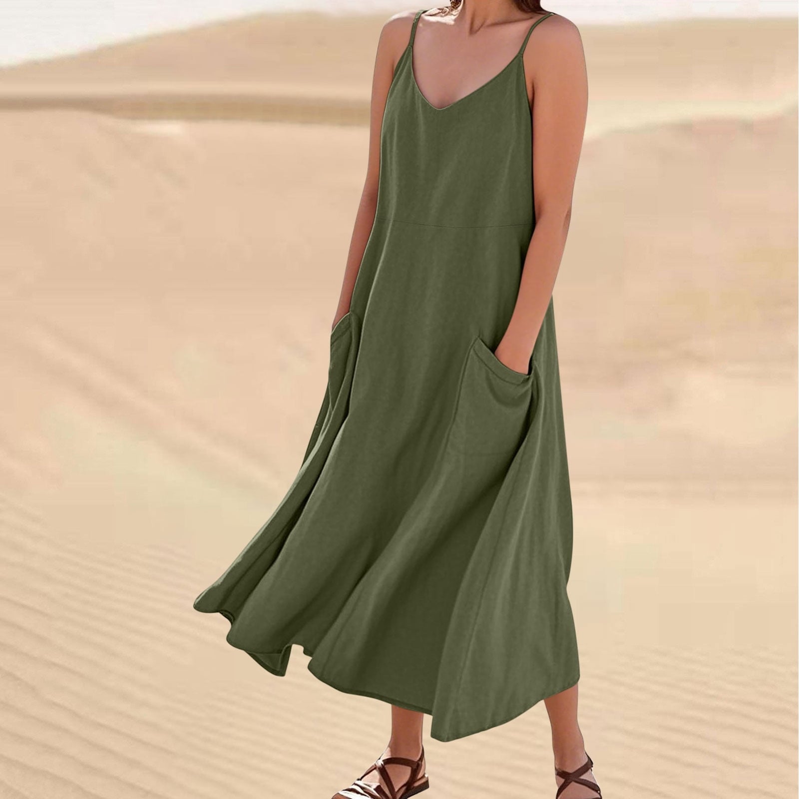Army Green Spaghetti Strap Midi Dress with Pockets — Simple Olive Green Outfits