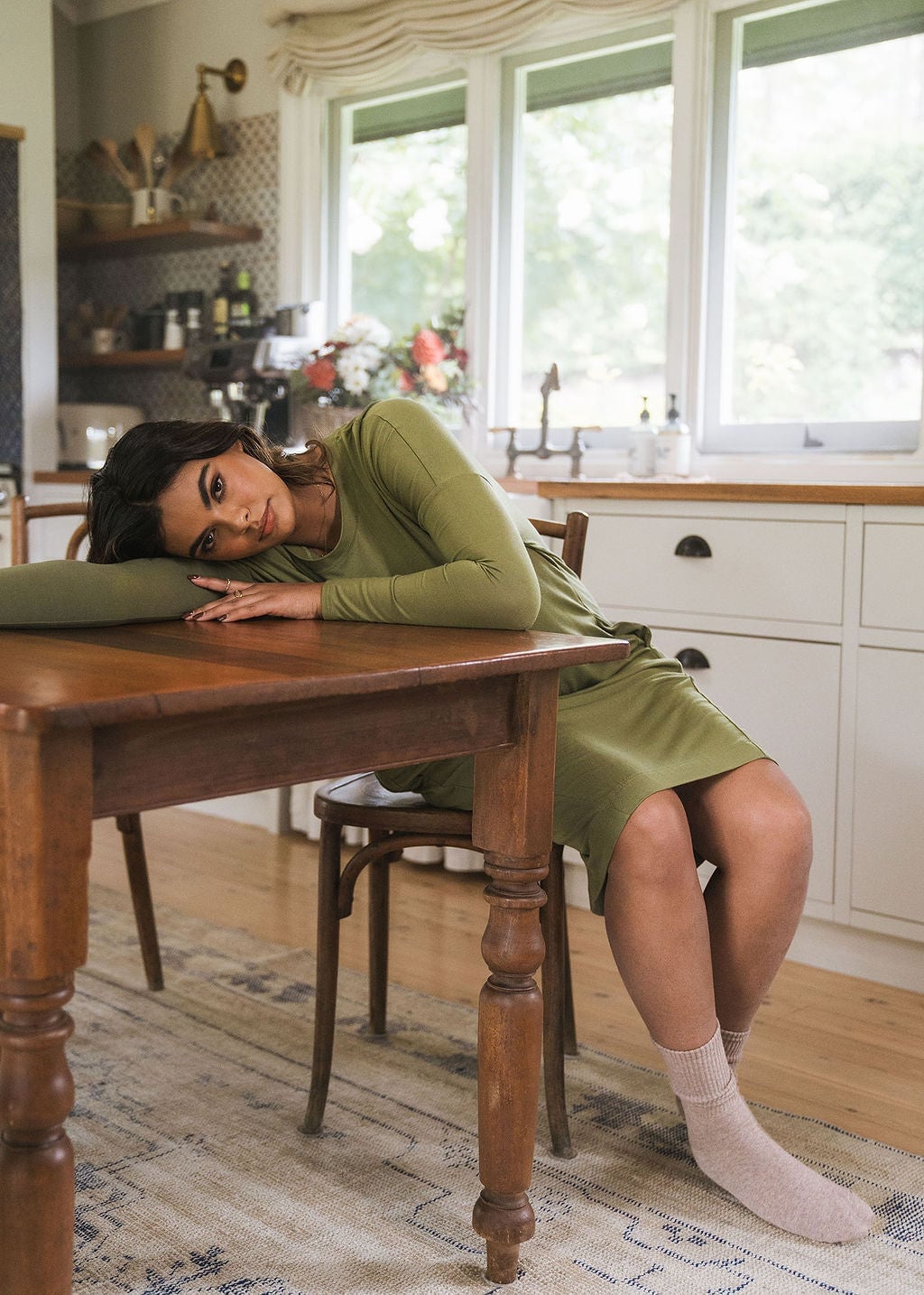 Olive Green Long-Sleeve T-Shirt Dress with Gray Socks — Simple Olive Green Outfits