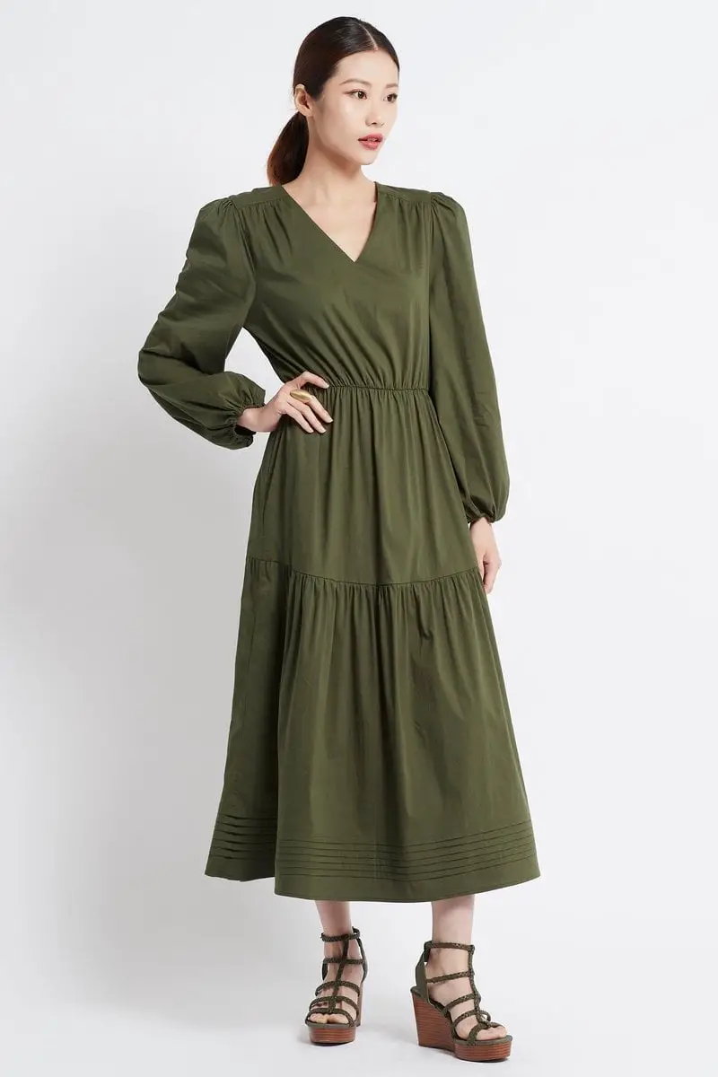 Olive Green Long-Sleeve Midi Dress with Tiered Skirt — Simple Olive Green Outfits
