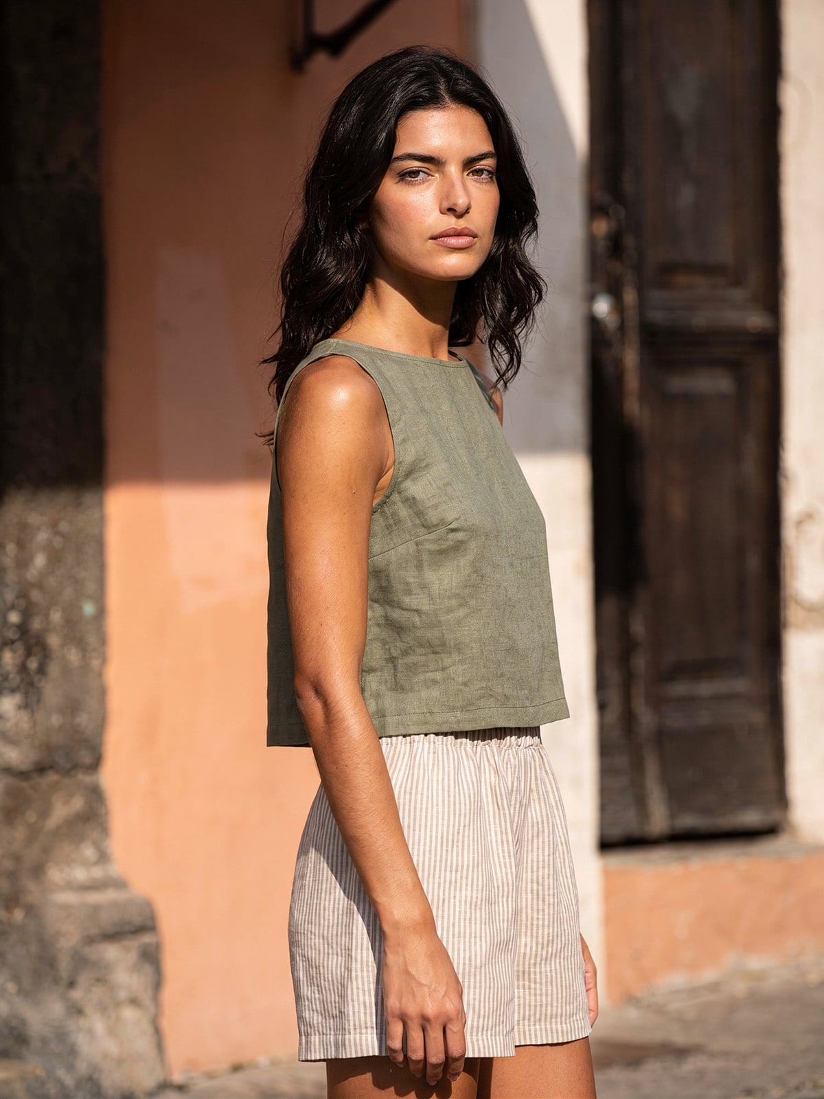 Olive Green Sleeveless Crop Top with Striped Shorts — Simple Olive Green Outfits