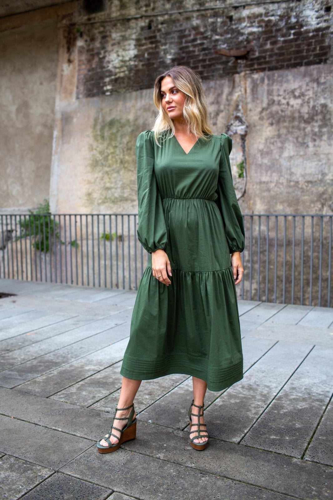 Olive Green Tiered Dress with Puffed Sleeves — Simple Olive Green Outfits