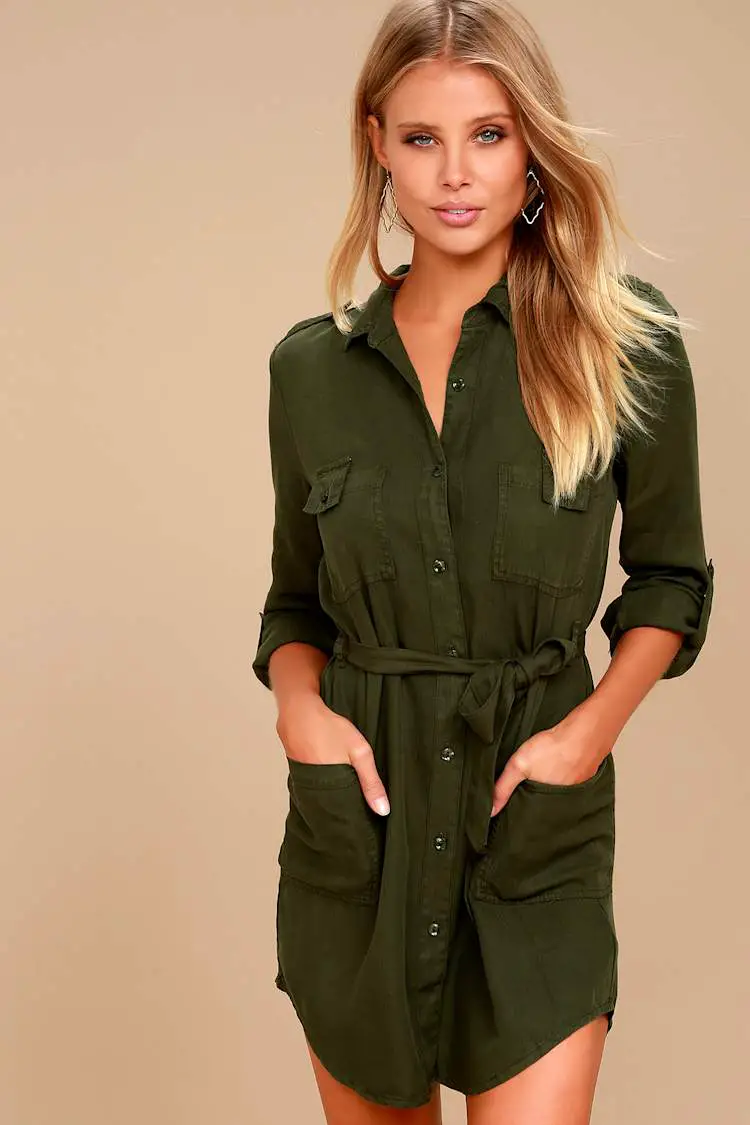 Olive Green Linen Blend Shirt Dress with Belt — Simple Olive Green Outfits