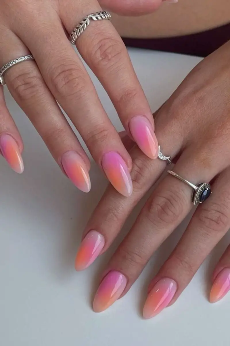 Vibrant Pink to Orange Long Almond Ombre Vibrant Pink to Orange Long Almond Ombre — Simple Ombre Nails