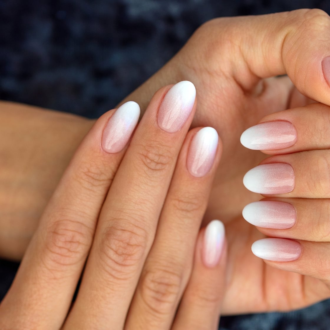 Nude White Shimmer Glossy Oval French Fade Nude White Shimmer Glossy Oval French Fade — Simple Ombre Nails
