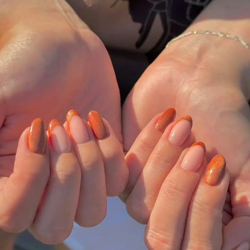 Nude Base Vibrant Orange Shimmer French Tip Medium Almond Nails Nude Base Vibrant Orange Shimmer French Tip Medium Almond Nails — Simple Orange Cat Eye Nails