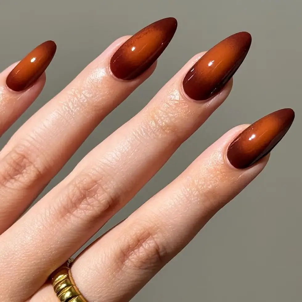 Deep Brown Warm Orange Ombre Long Stiletto Nails Deep Brown Warm Orange Ombre Long Stiletto Nails — Simple Orange Cat Eye Nails