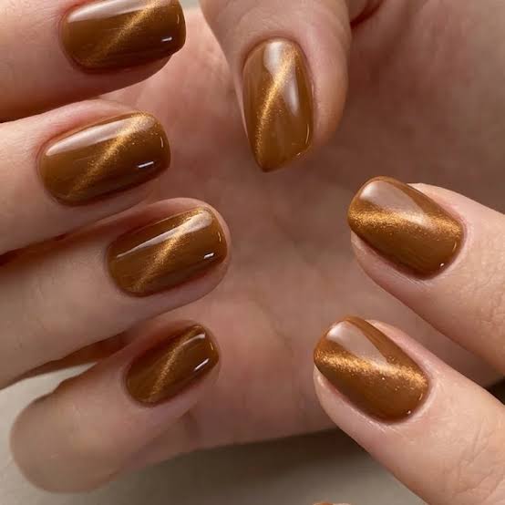 Warm Brown Orange Cat Eye Short Almond Nails Warm Brown Orange Cat Eye Short Almond Nails — Simple Orange Cat Eye Nails