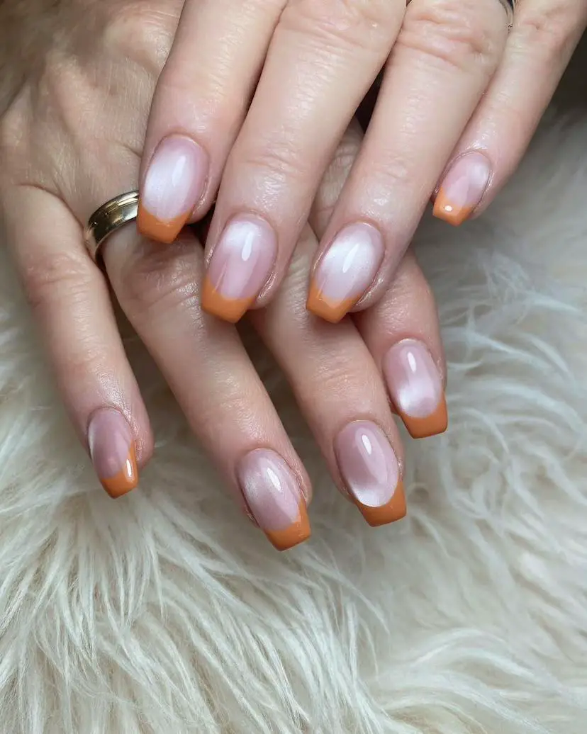 Sheer Nude Orange French Tip Cat Eye Medium Square Nails Sheer Nude Orange French Tip Cat Eye Medium Square Nails — Simple Orange Cat Eye Nails