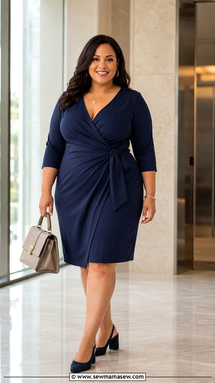 Navy Wrap Dress with Pointed-Toe Pumps for Business Casual Navy Wrap Dress with Pointed-Toe Pumps for Business Casual — Simple Outfits for Curvy