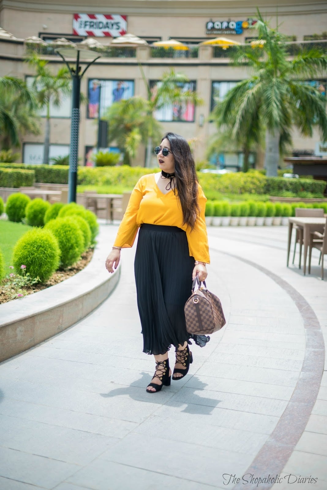 Yellow Top with Black Pleated Midi Skirt and Lace-Up Heels Yellow Top with Black Pleated Midi Skirt and Lace-Up Heels — Simple Outfits for Curvy