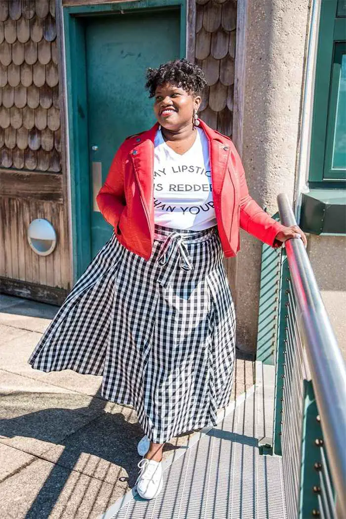 Gingham Wrap Skirt with Graphic Tee and Moto Jacket Gingham Wrap Skirt with Graphic Tee and Moto Jacket — Simple Outfits for Curvy