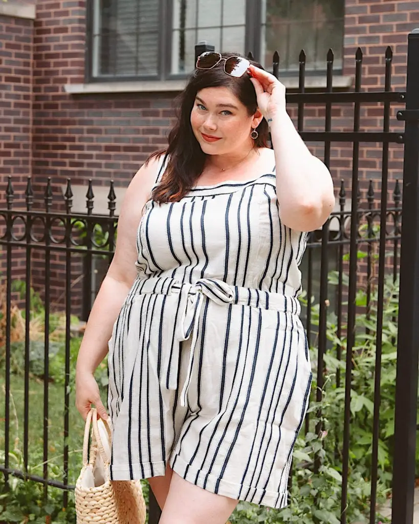 Navy Striped Jumpsuit with Tie Waist for Summer Navy Striped Jumpsuit with Tie Waist for Summer — Simple Outfits for Curvy