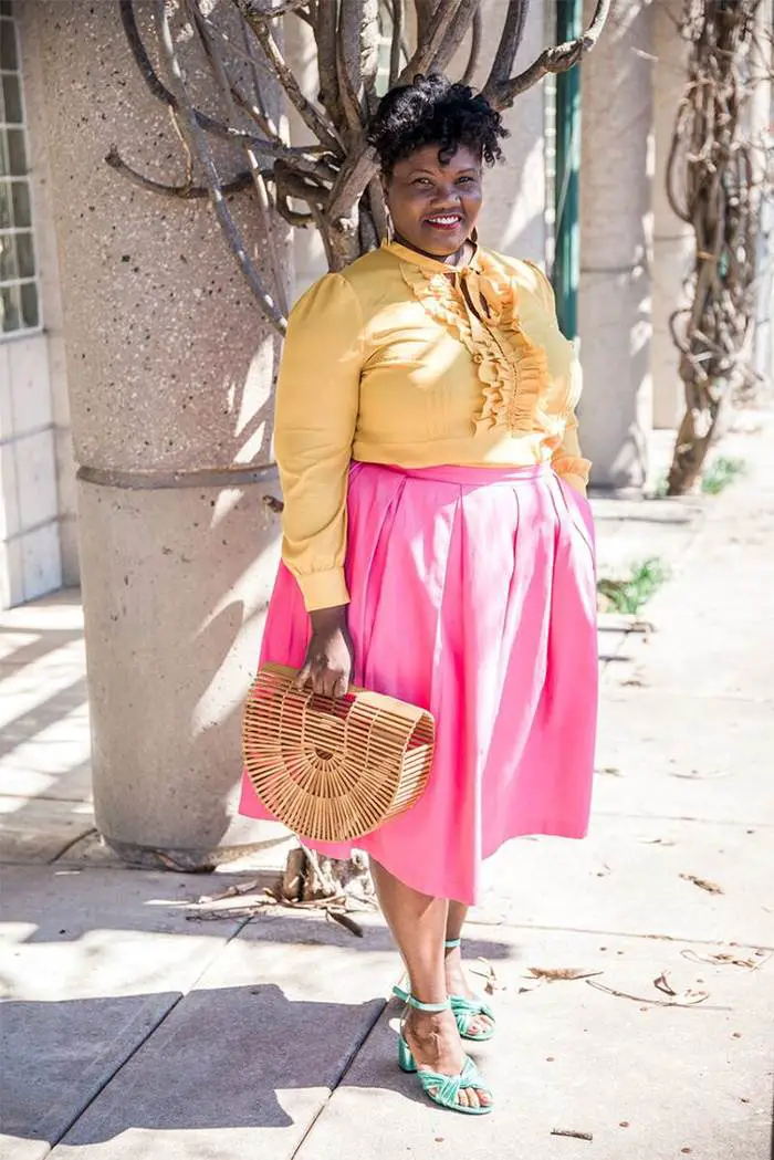 Yellow Ruffled Blouse with Pink Pleated Midi Skirt Yellow Ruffled Blouse with Pink Pleated Midi Skirt — Simple Outfits for Curvy